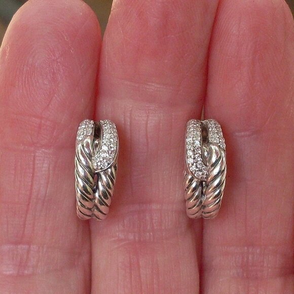 Retired David Yurman Labyrinth Diamond Hoop Earrings - 14K/925 - DY Backs - Picture 1 of 9